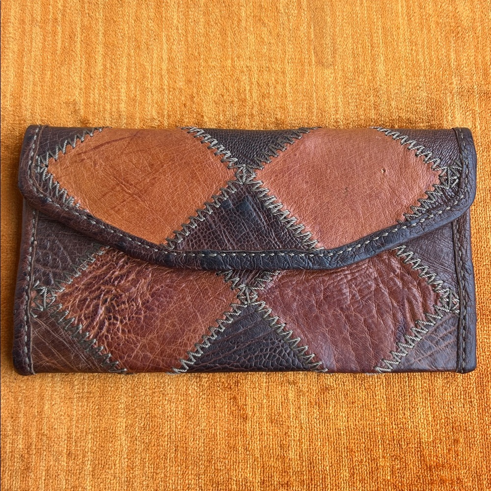 Brown and Tan Patchwork Distressed Leather Clutch/Wallet